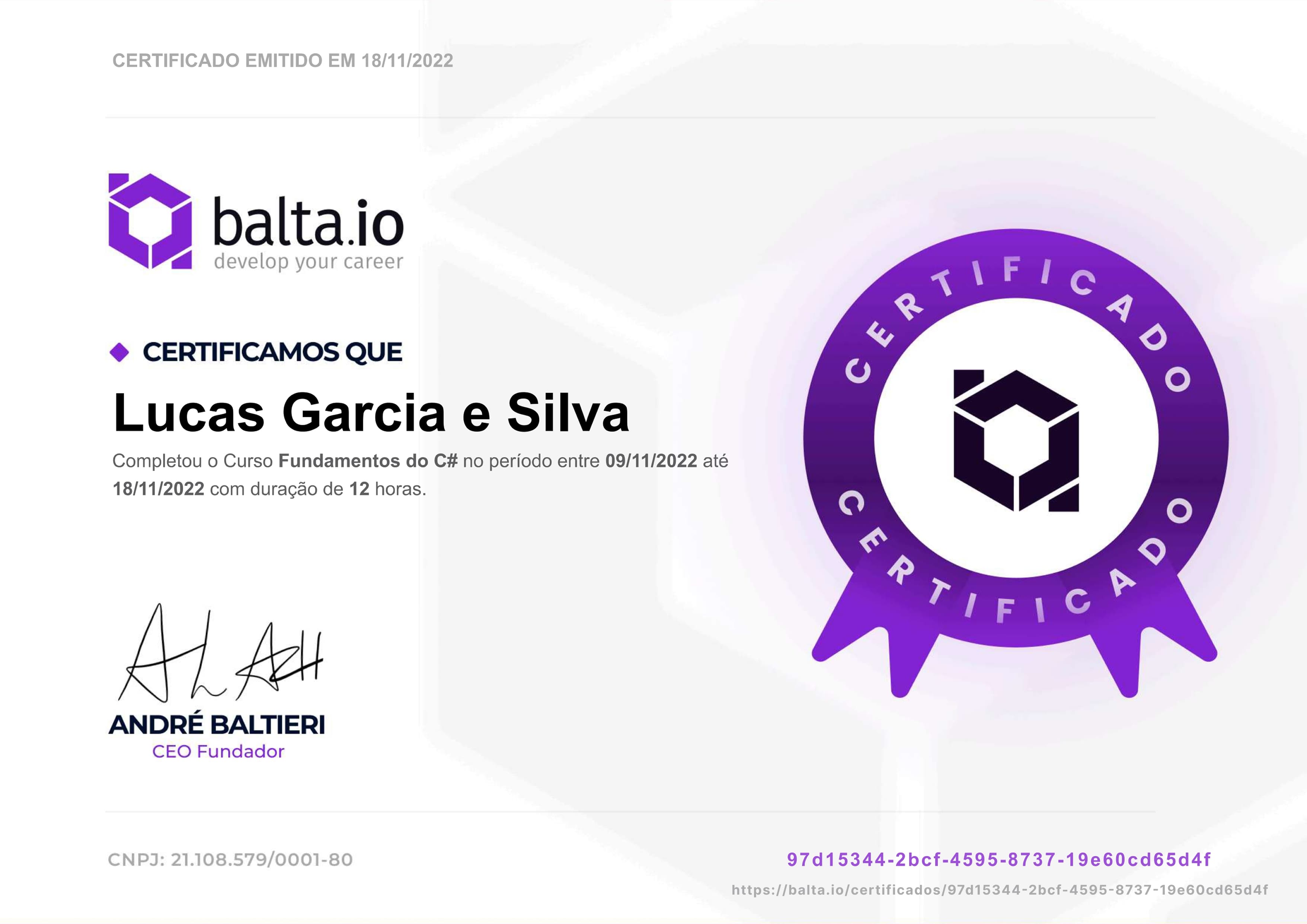 Certificado em Fundamentos de C# de Lucas Garcia e Silva