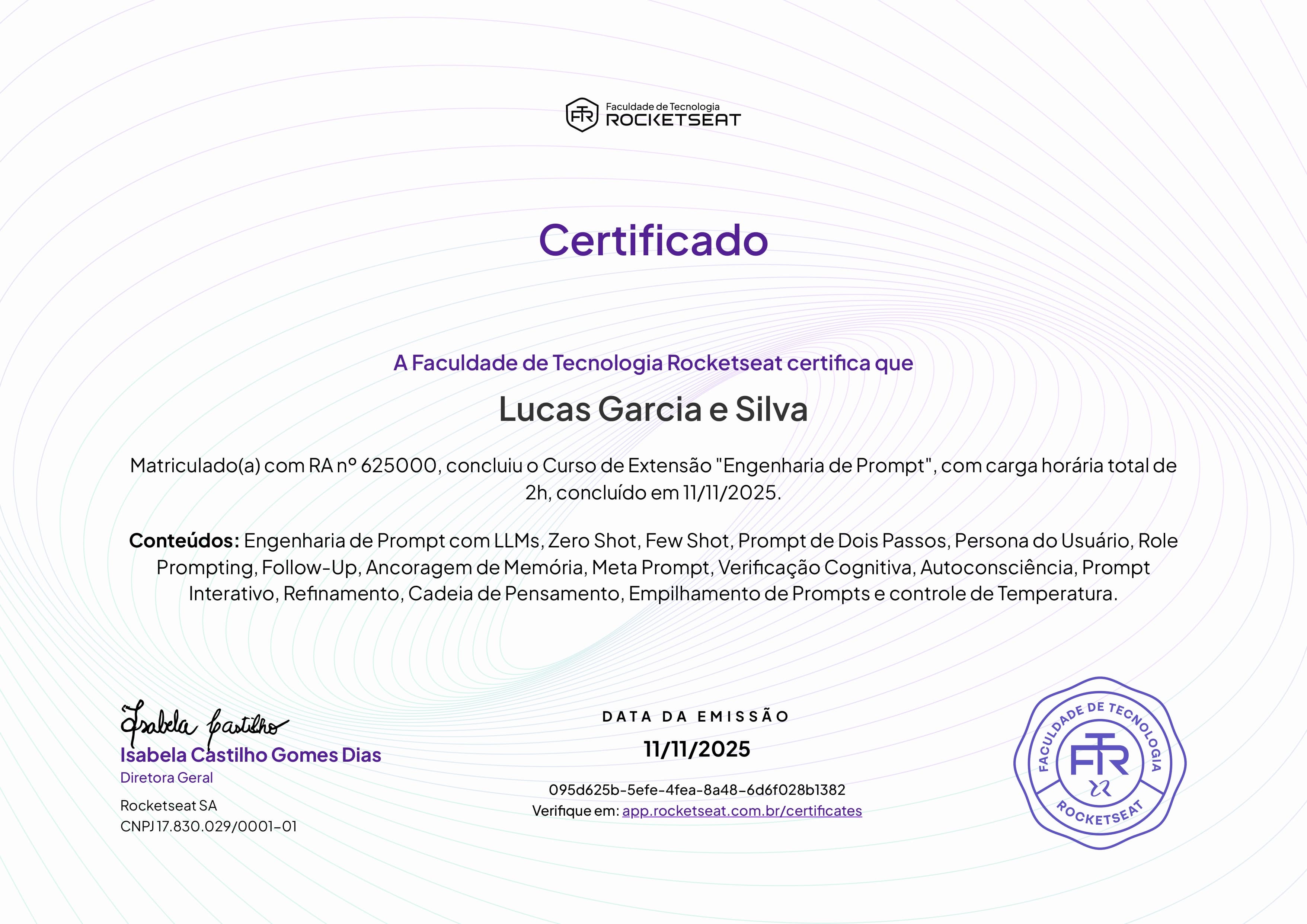 Certificado em IA - Engenharia de Prompt de Lucas Garcia e Silva