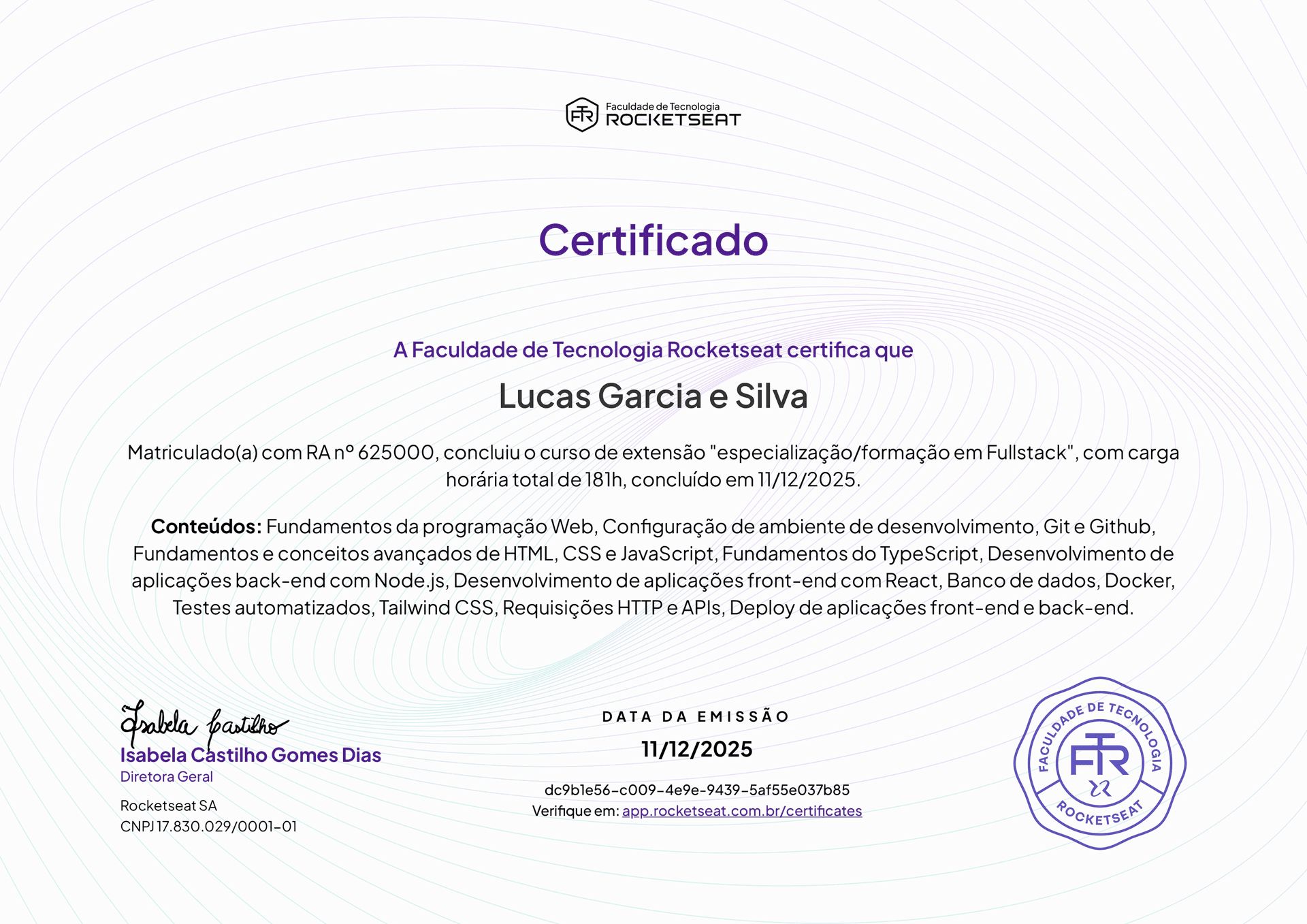 Certificado Full Stack de Lucas Garcia e Silva