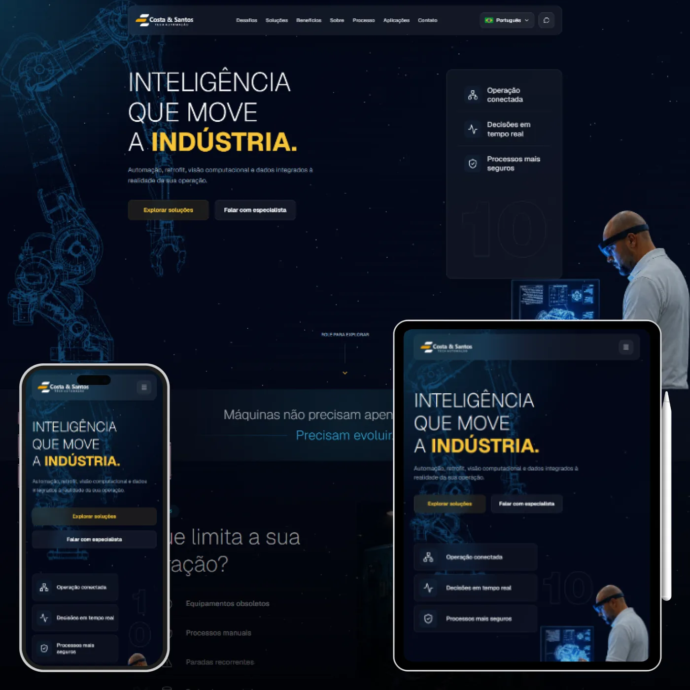 Site da Costa & Santos exibido em computador, tablet e celular