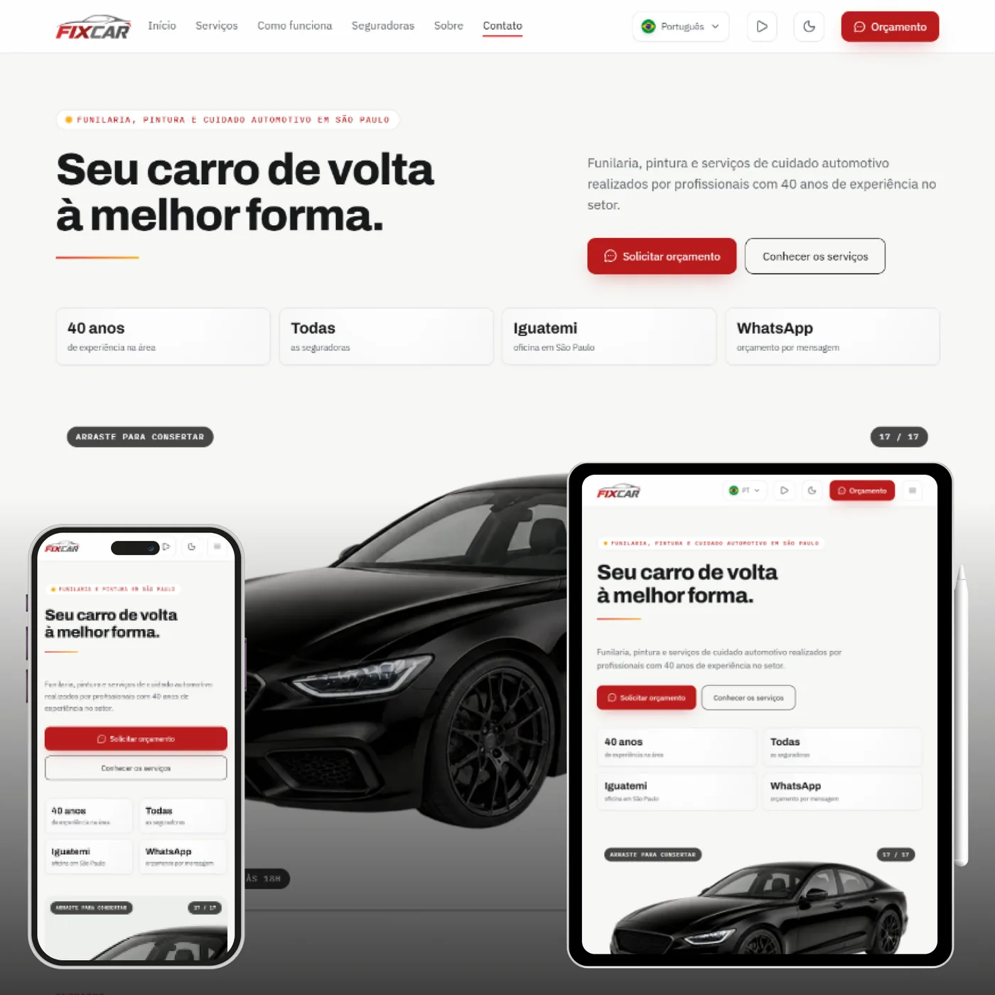 Site da Fixcar exibido em computador, tablet e celular