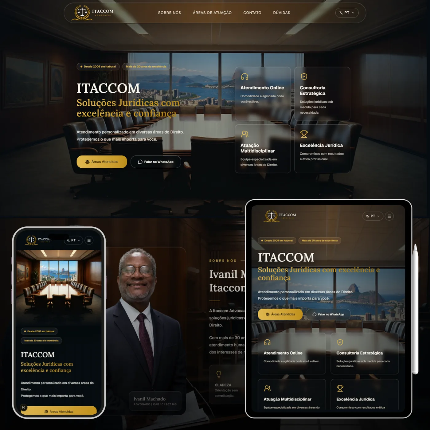 Site da Itaccom exibido em computador, tablet e celular