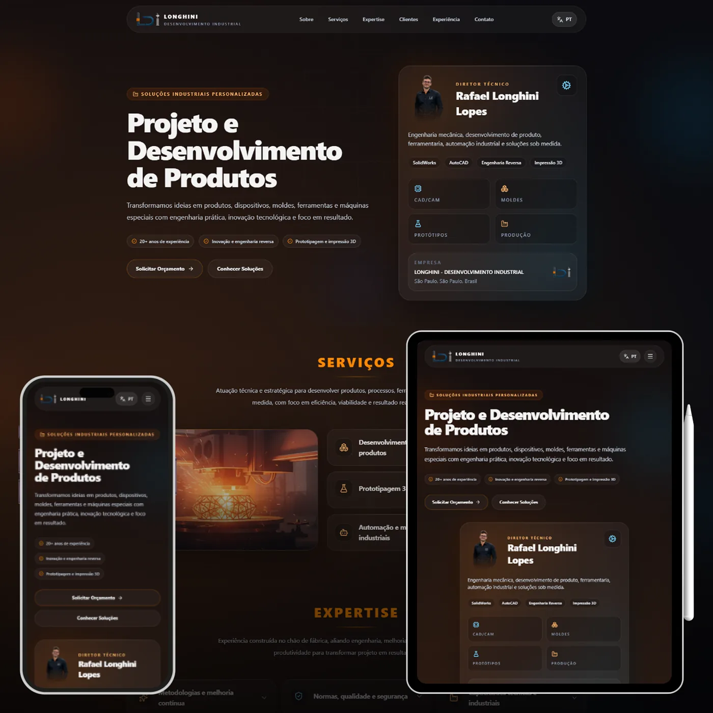 Site da Longhini exibido em computador, tablet e celular